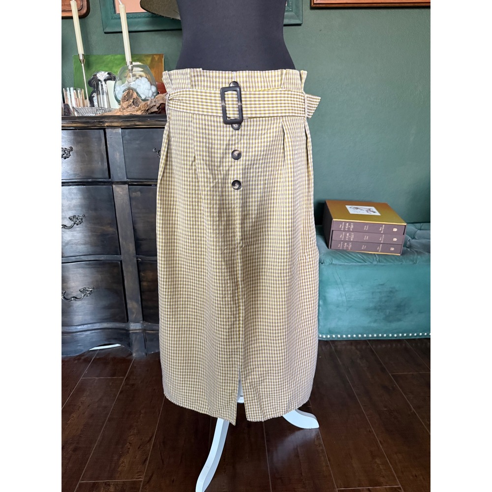 Sweet Salt Yellow Gingham Paperbag Waist Button Front Midi Skirt Womens XL